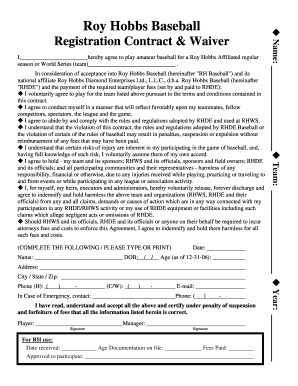 Roy Hobbs Baseball Registration Contract & Waiver