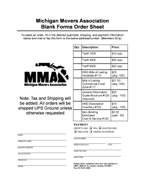 Michigan Movers Association Blank Forms Order Sheet