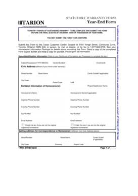 Tarion Year-End Warranty Form
