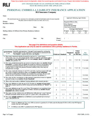 Florida Personal Umbrella Liability Insurance Application