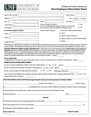 Division of Human Resources New Employee Information Sheet - health usf