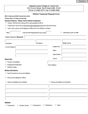 MCLA Official Transcript Request Form
