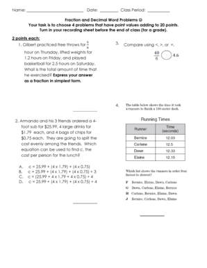 Fraction and Decimal Word Problems Worksheet
