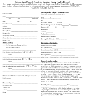 International Squash Academy Summer Camp Health Record