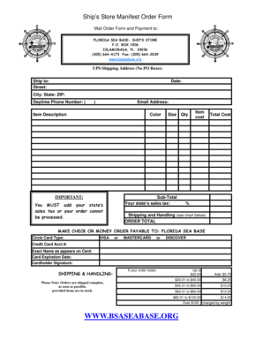 Ship’s Store Manifest Order Form