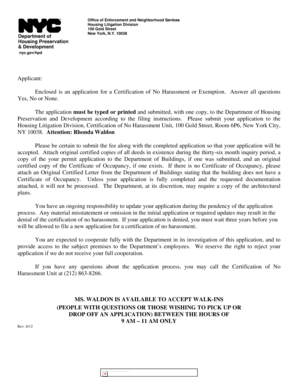 New York Certification of No Harassment Application