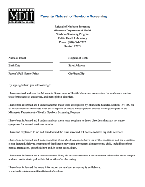 Parental Refusal of Newborn Screening Form
