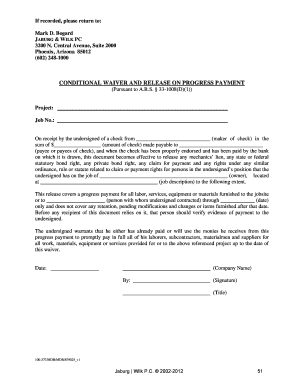Arizona Conditional Waiver and Release on Progress Payment