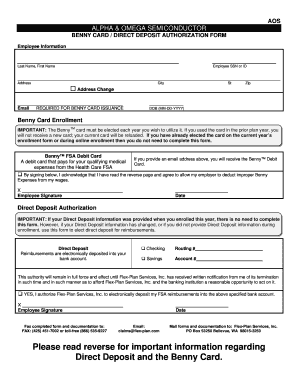 Benny Card Direct Deposit Authorization Form