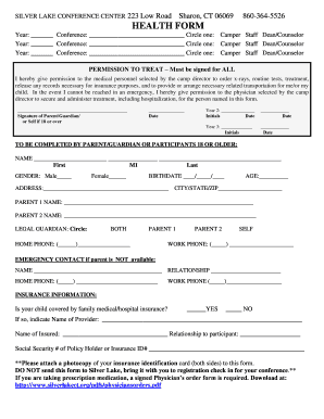 Silver Lake Conference Center Health Form