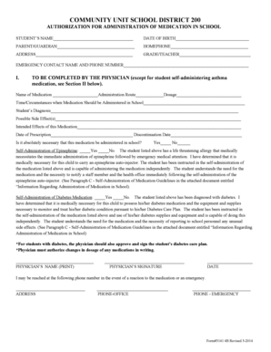 Authorization for Administration of Medication in School