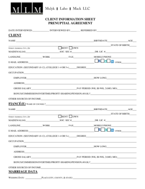 Prenuptial Agreement Client Information Sheet
