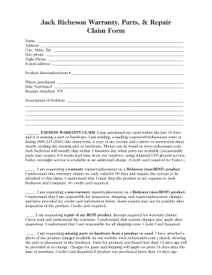 Jack Richeson Warranty Claim Form