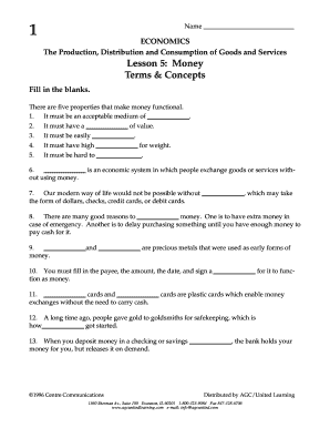 Economics Money Lesson Worksheet