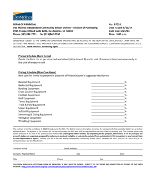 Title proposal example - FORM OF PROPOSAL Des Moines Independent Community School District Division of Purchasing 1915 Prospect Road Suite 1200, Des Moines, IA 50310 Phone (515)242-7751 Fax (515)242-7550 No: B7026 Date Issued: 6/10/14 Date Due: 6/25/14 Time: 3:00 p