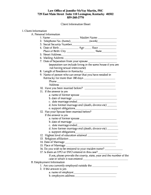 Kentucky Divorce Client Information Sheet