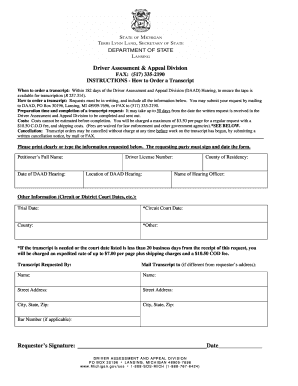 Michigan Driver Assessment Transcript Request Form