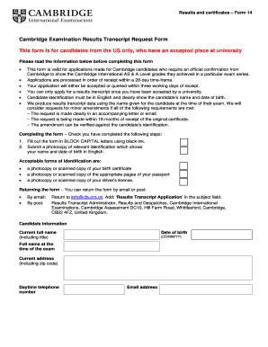 Cambridge Examination Results Transcript Request Form