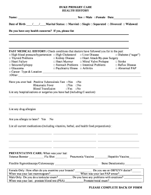 Duke Primary Care Health History Form