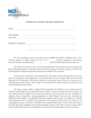 Residential Deposit Escrow Agreement