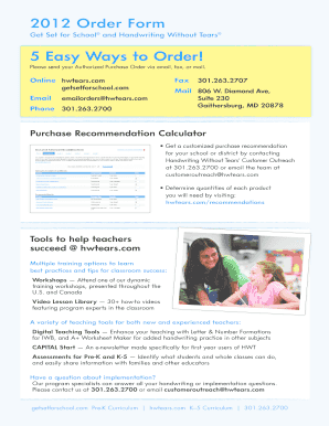 2012 Handwriting Without Tears Order Form