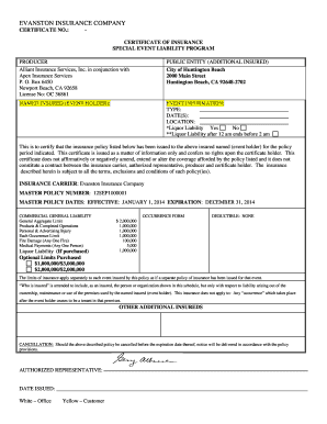 Certificate of Insurance for Special Event Liability
