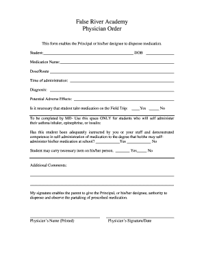 False River Academy Physician Order Form