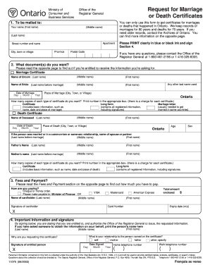 Ontario Marriage and Death Certificate Request Form