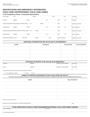 California Child Care Emergency Information Form