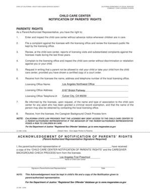 California Child Care Center Parents' Rights Notification