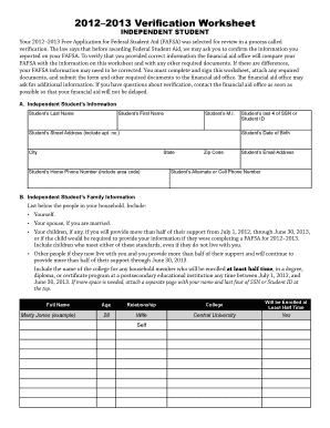 2012–2013 Verification Worksheet