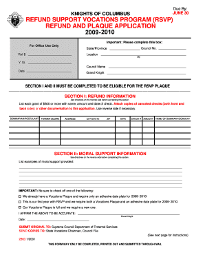 Knights of Columbus RSVP Refund and Plaque Application