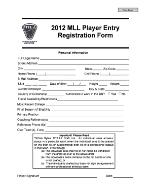 2012 MLL Player Entry Form