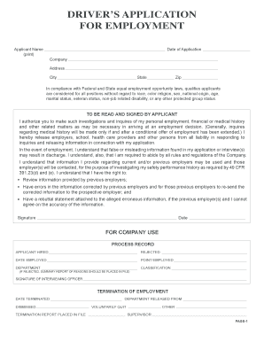 Driver Application for Employment