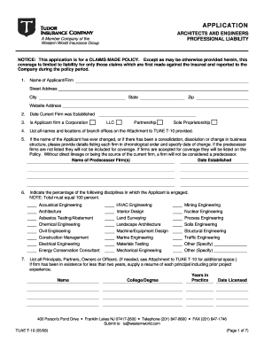 Architects and Engineers Professional Liability Application