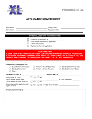 Producers XL Application Cover Sheet