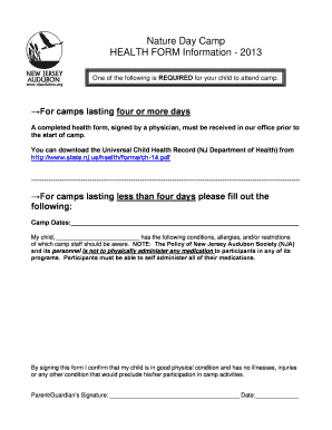 New Jersey Audubon Society Camp Health Form