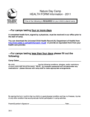 Nature Day Camp Health Form