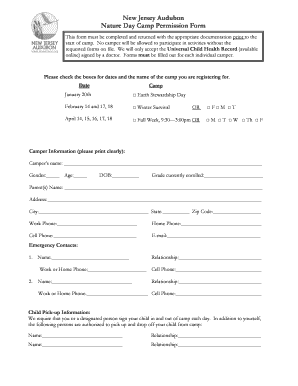 New Jersey Audubon Nature Day Camp Permission Form