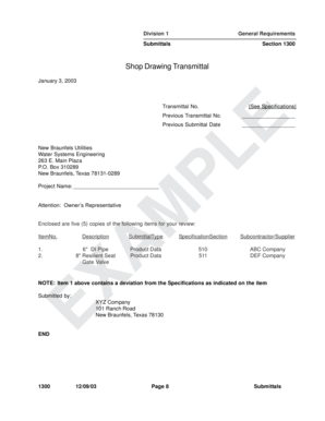 Shop Drawing Transmittal Form