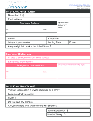 Nanny Employment Application Form