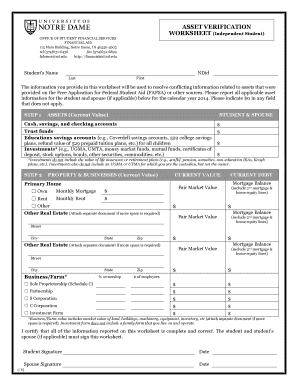 Asset Verification Worksheet (Independent Student)