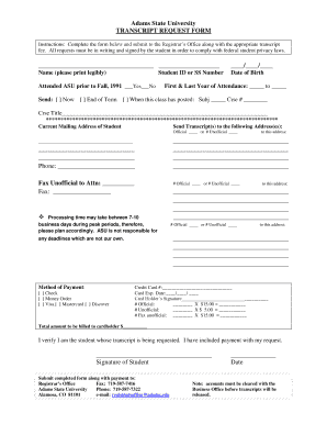 Adams State University Transcript Request Form