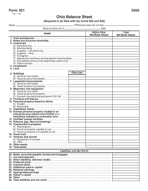 Ohio Balance Sheet Form 921