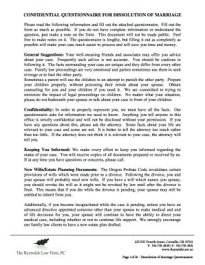 Confidential Questionnaire for Dissolution of Marriage