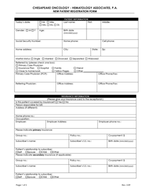 Chesapeake Oncology New Patient Registration Form
