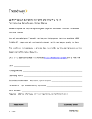 Spiff Program Enrollment Form and IRS W9 Form