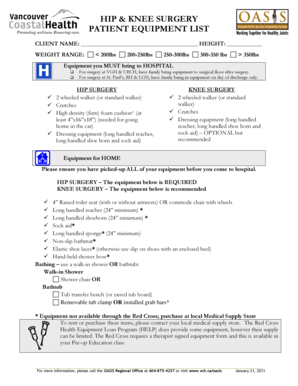 Hip and Knee Surgery Patient Equipment List
