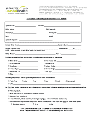 Application for Sale of Food at Temporary Food Markets