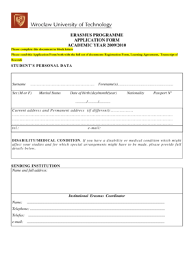 ERASMUS PROGRAMME APPLICATION FORM ACADEMIC YEAR 2009/2010 - portal pwr wroc